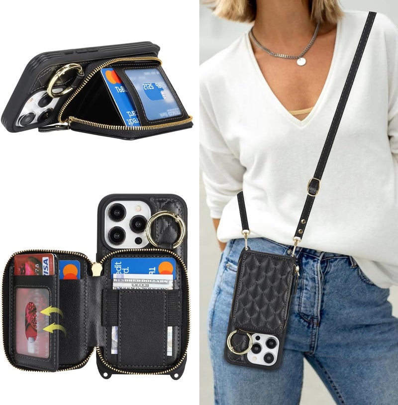 Hamany Crossbody Wallet Case for iPhone 14 Pro, PU Leather Zipper Handbag Purse Flip Cover, Kickstand Folio Case with Card Slots Holder Wrist Strap Lanyard 5G 6.1 Inch-Black - Image 1